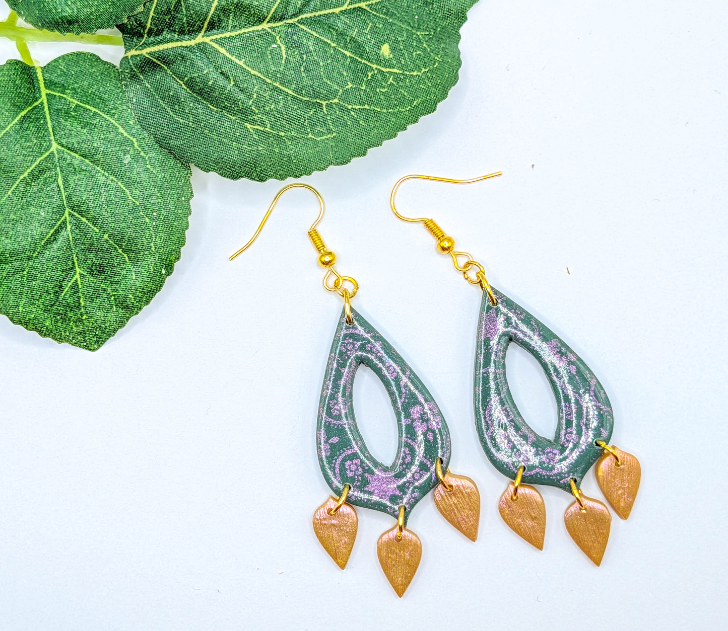 Moroccan Style Handmade Polymer Clay Dangles with Gold Leaves