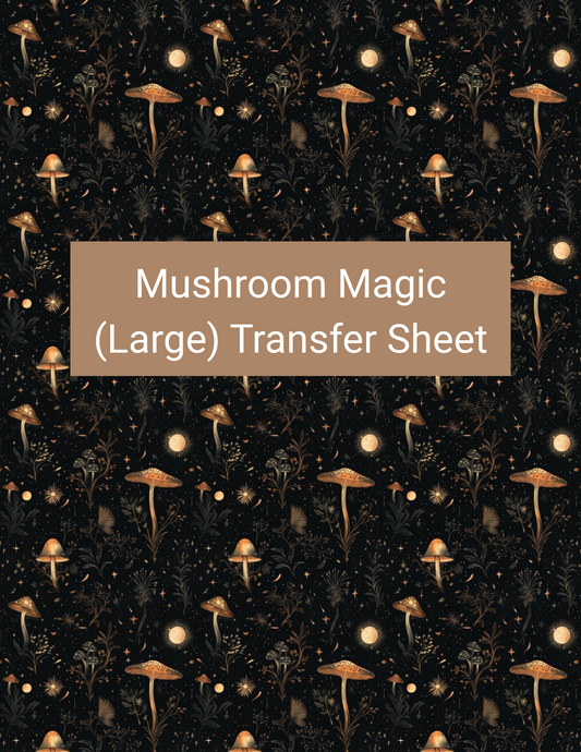 Mushroom Magic (Large) polymer clay transfer paper with black, burnt orange, warm gold, cream, and muted brown featuring large golden mushrooms, tiny woodland botanicals, stars, and crescent moons