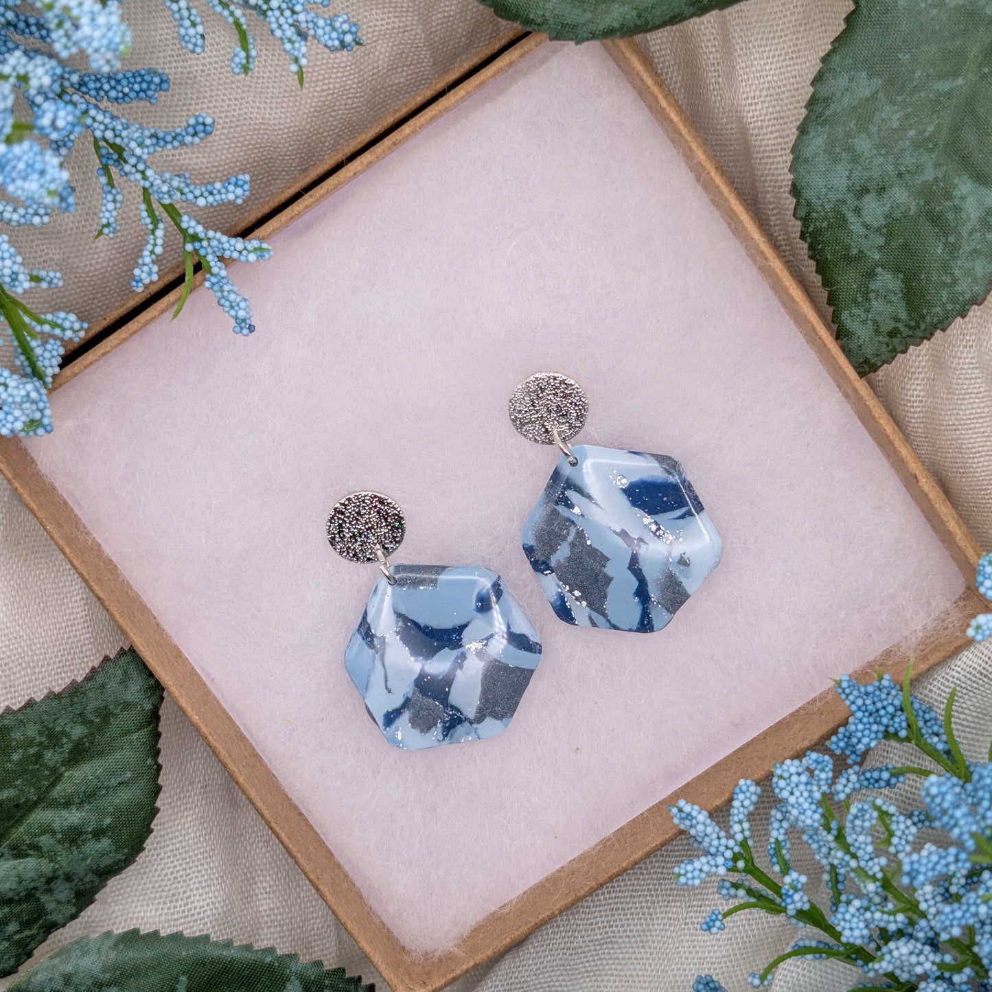 Lightweight Modern Geometric Blue Grey Marble Earring for Office Workwear