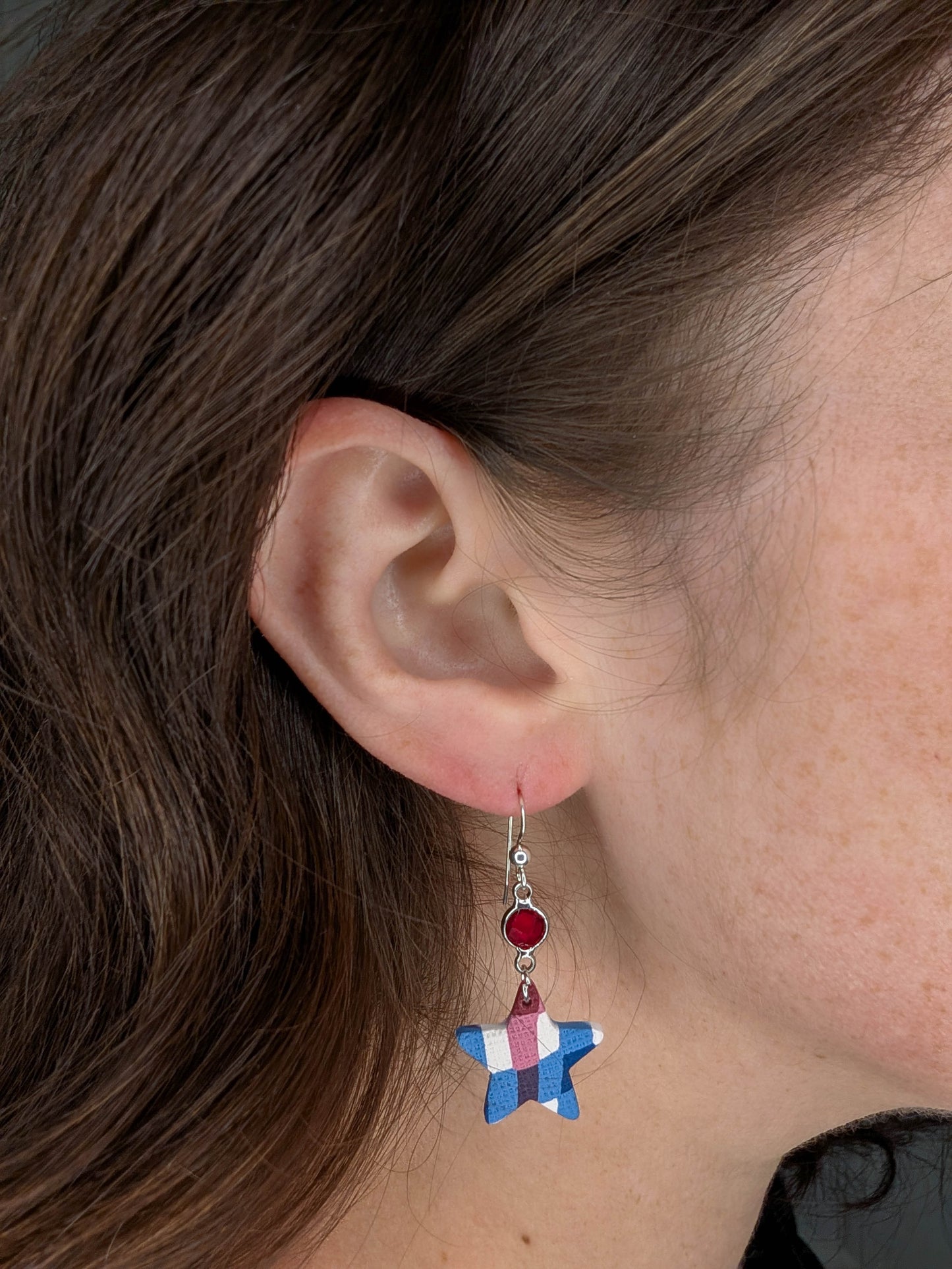 Handmade Lightweight Americana Dangle with Gingham Stars and Gems