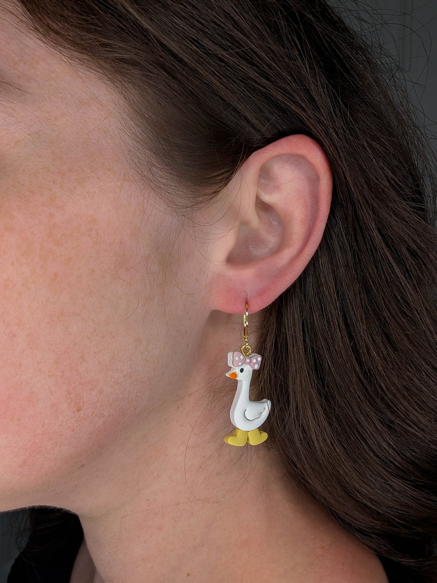 Handmade Whimsical Goose Clay Earrings with Cute Bow and Rainboots