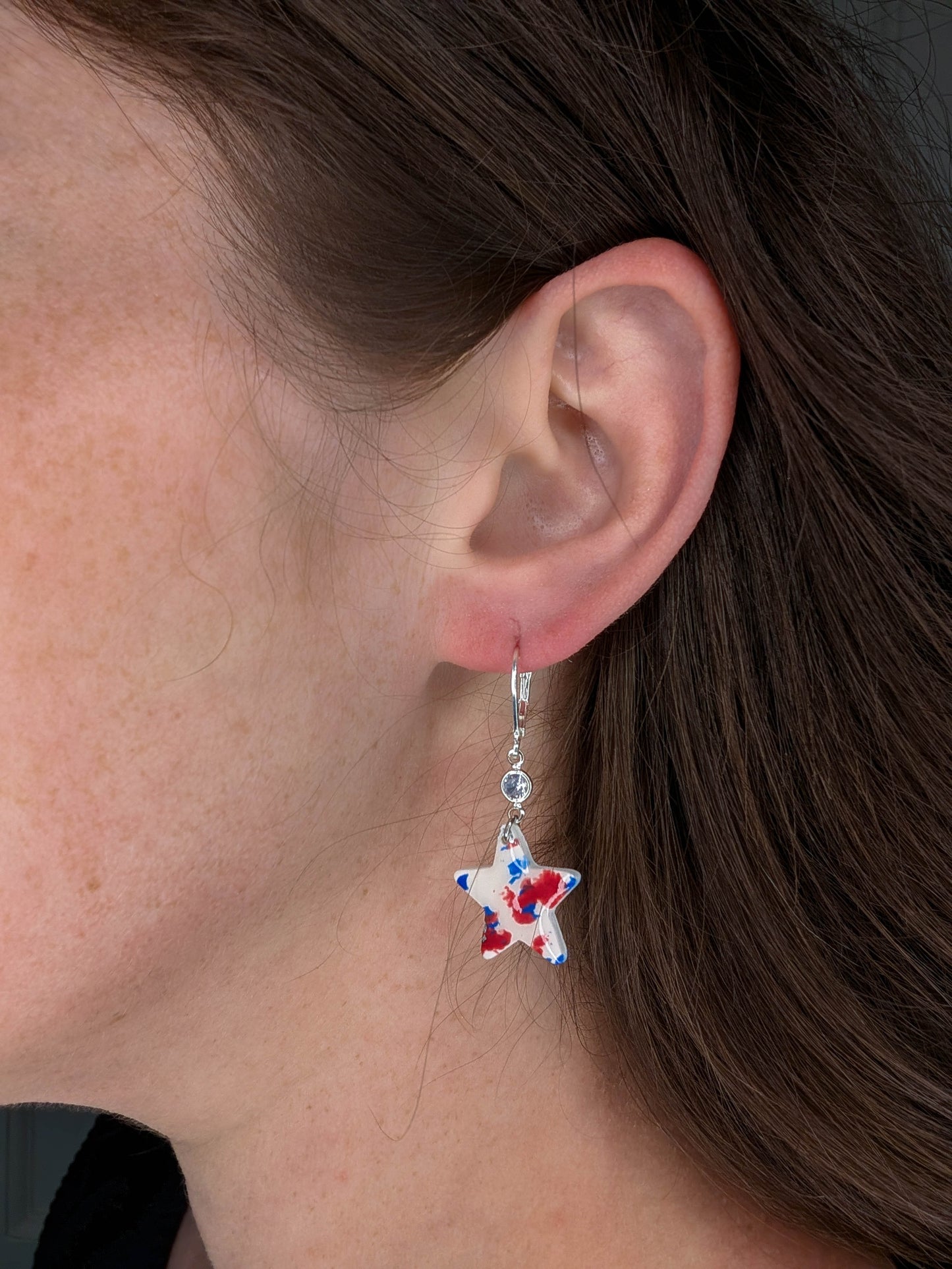 Patriotic Star Leverback Earrings, Speckled Red, White, Blue Clay Dangles for Fourth of July Celebration