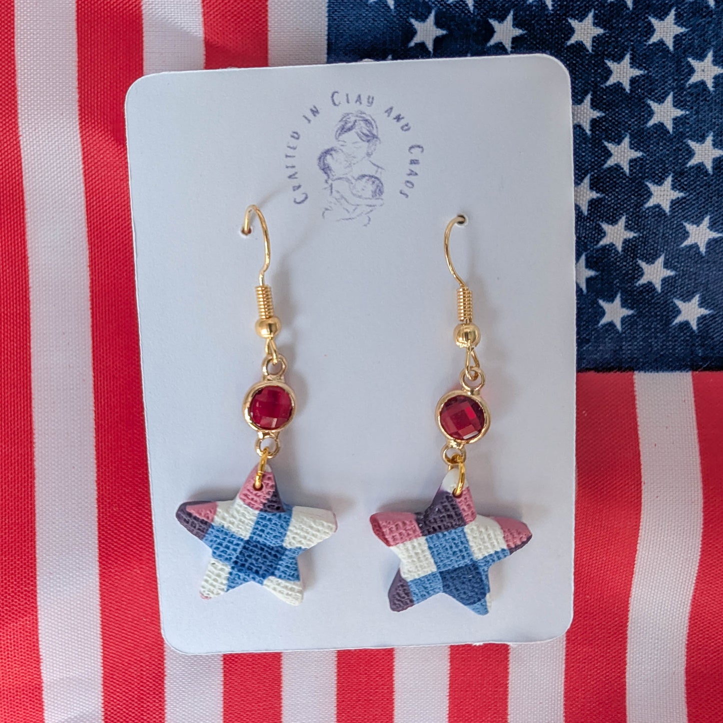 Handmade Lightweight Americana Dangle with Gingham Stars and Gems