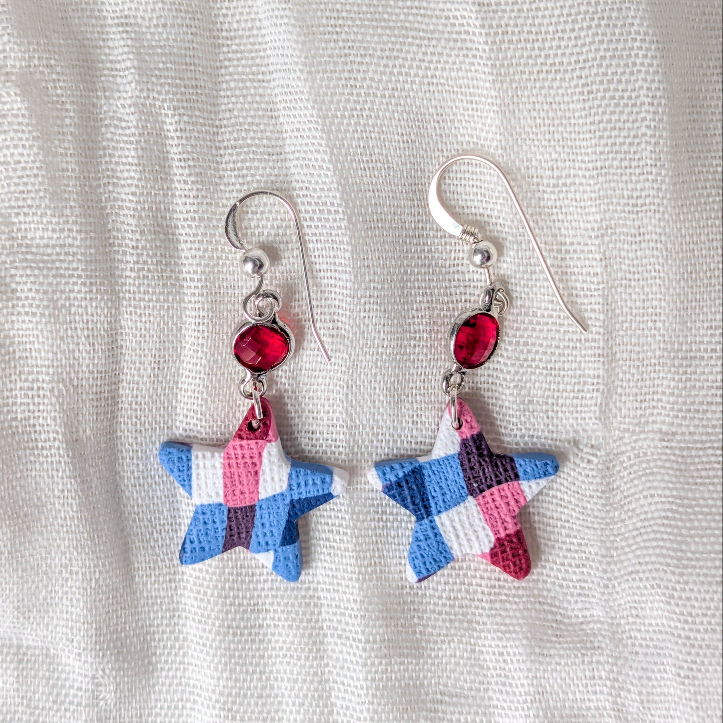 Handmade Lightweight Americana Dangle with Gingham Stars and Gems