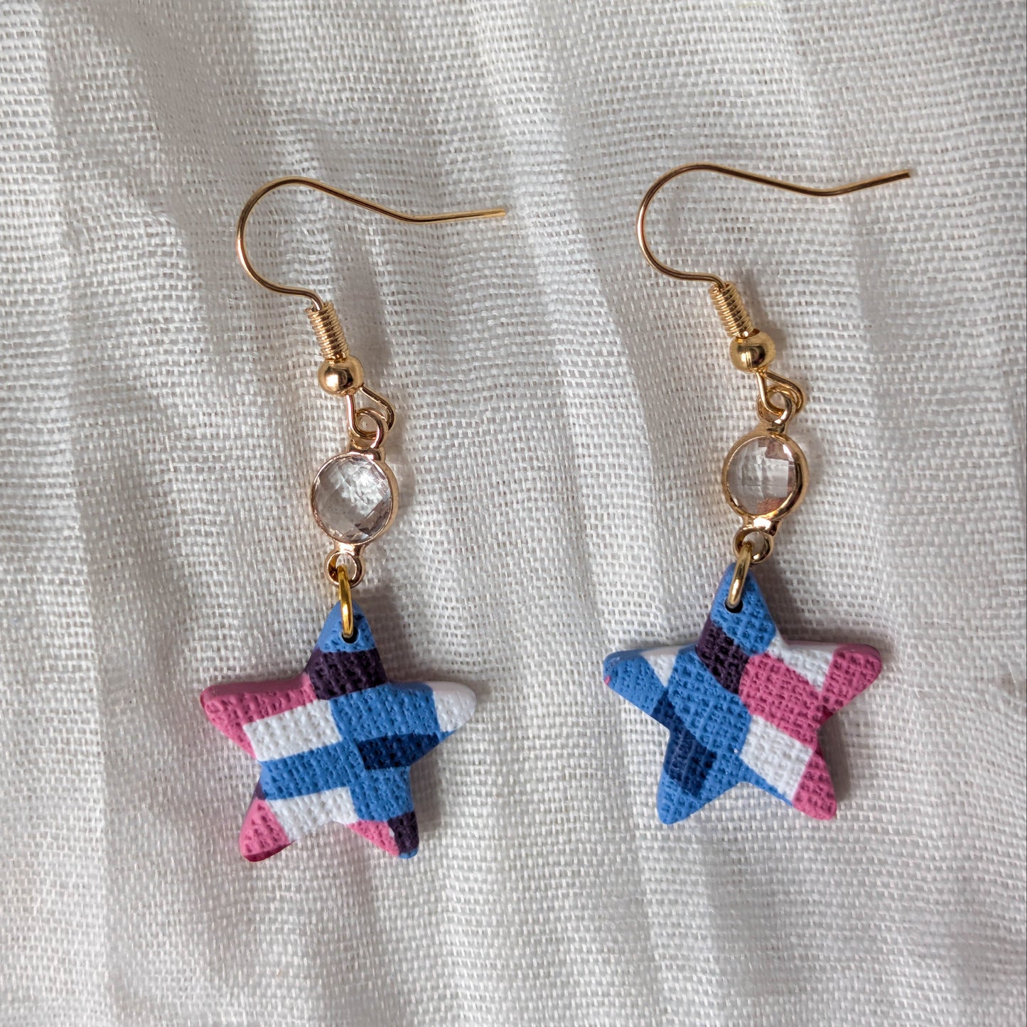 Handmade Lightweight Americana Dangle with Gingham Stars and Gems