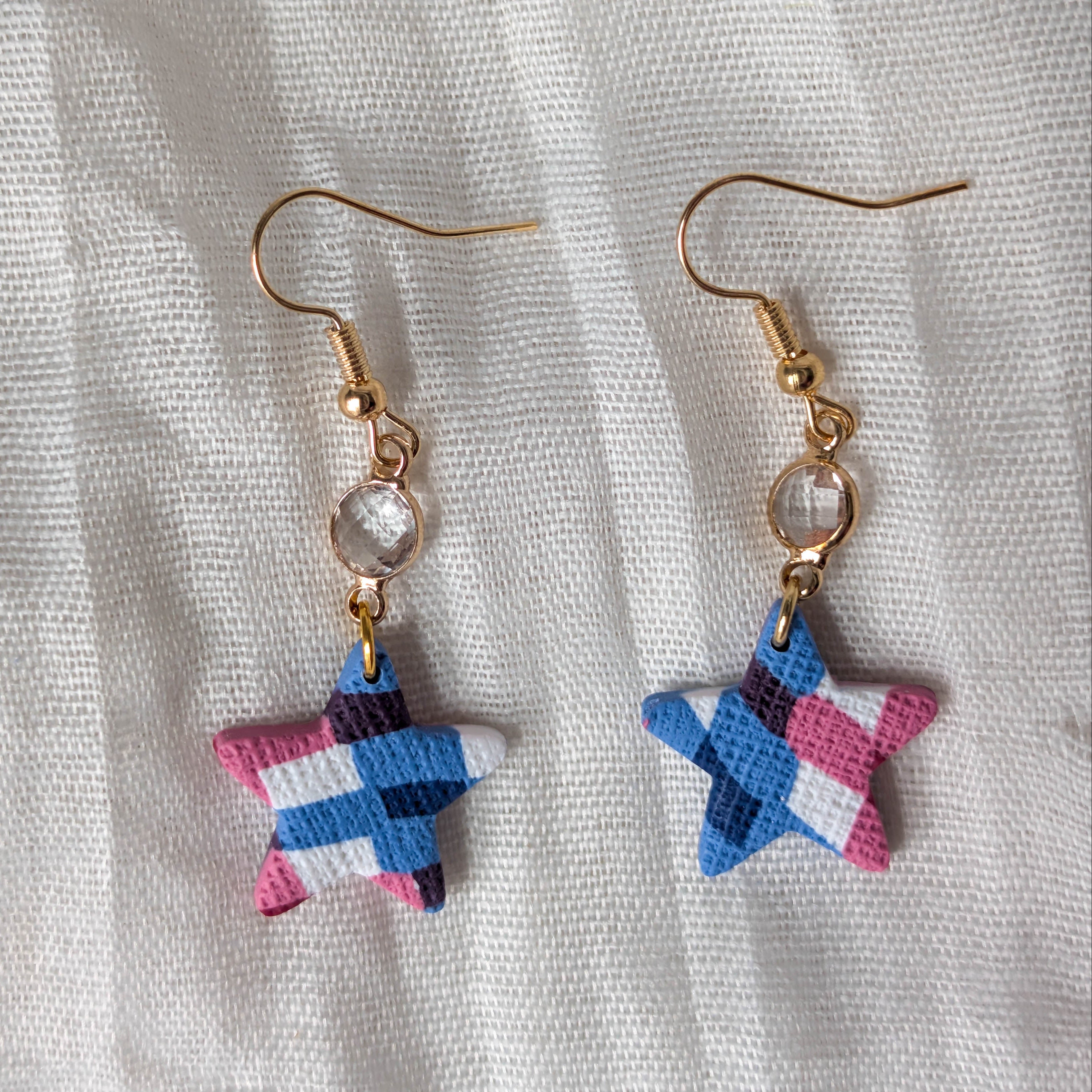 Handmade Lightweight Americana Dangle with Gingham Stars and Gems