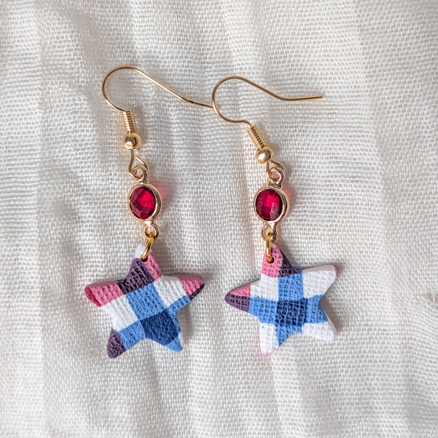 Handmade Lightweight Americana Dangle with Gingham Stars and Gems