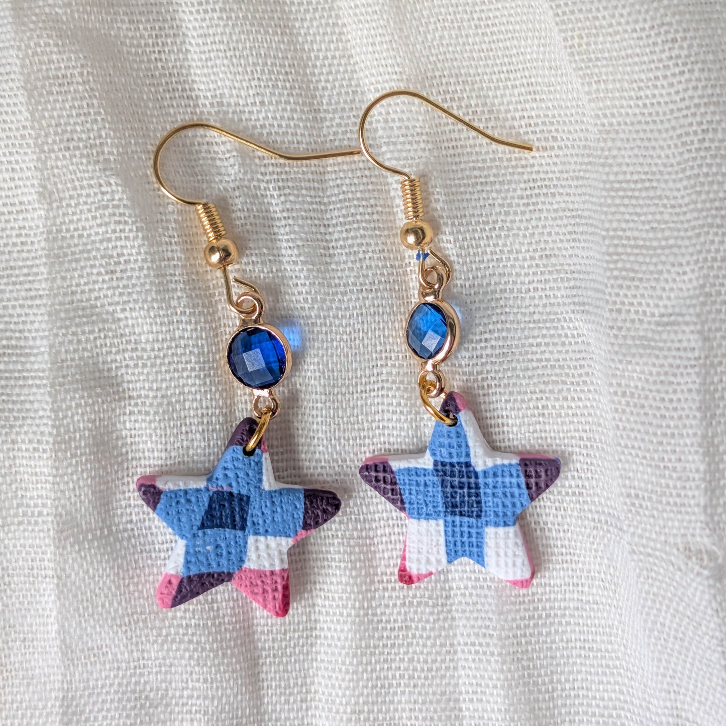 Handmade Lightweight Americana Dangle with Gingham Stars and Gems