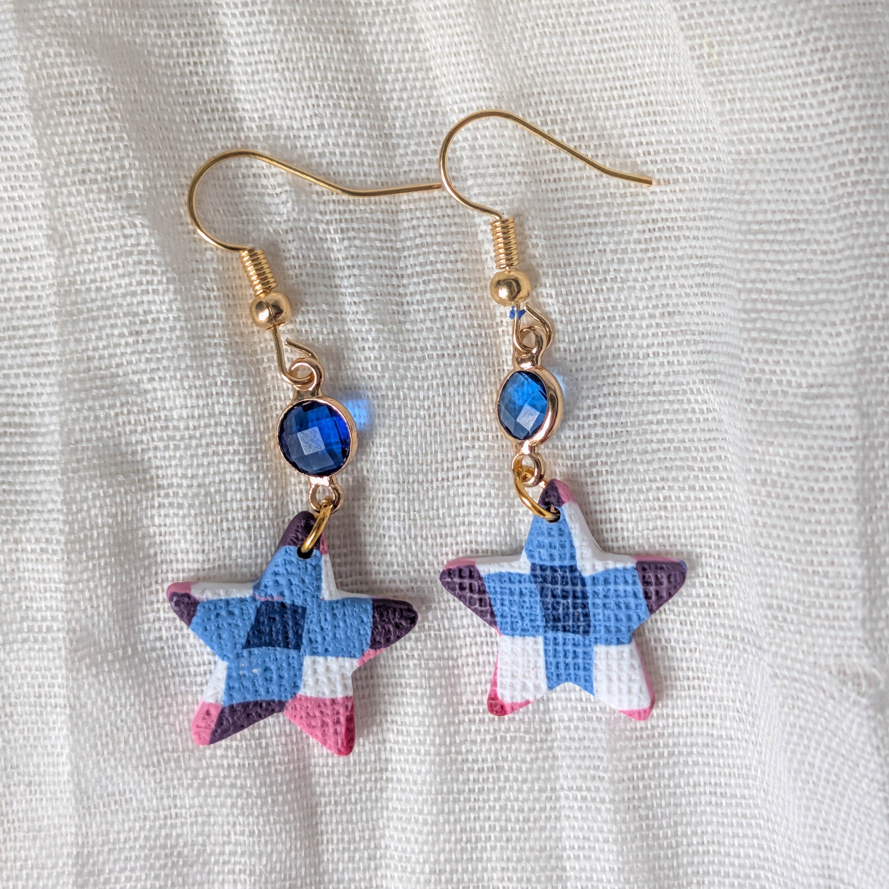 Handmade Lightweight Americana Dangle with Gingham Stars and Gems
