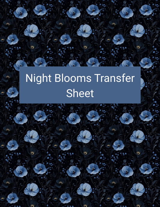 Night Blooms polymer clay transfer paper with black, midnight navy, cobalt blue, and smoky slate featuring large blue roses, layered petals, and shadowy botanical leaves