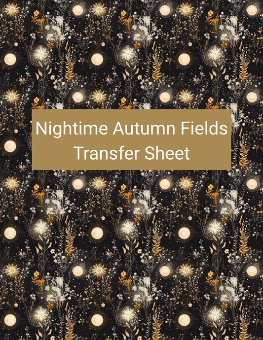 Nighttime Autumn Fields polymer clay transfer paper with black, warm cream, antique gold, and smoky gray featuring field grasses, golden wildflowers, full moons, celestial bursts, and tiny stars