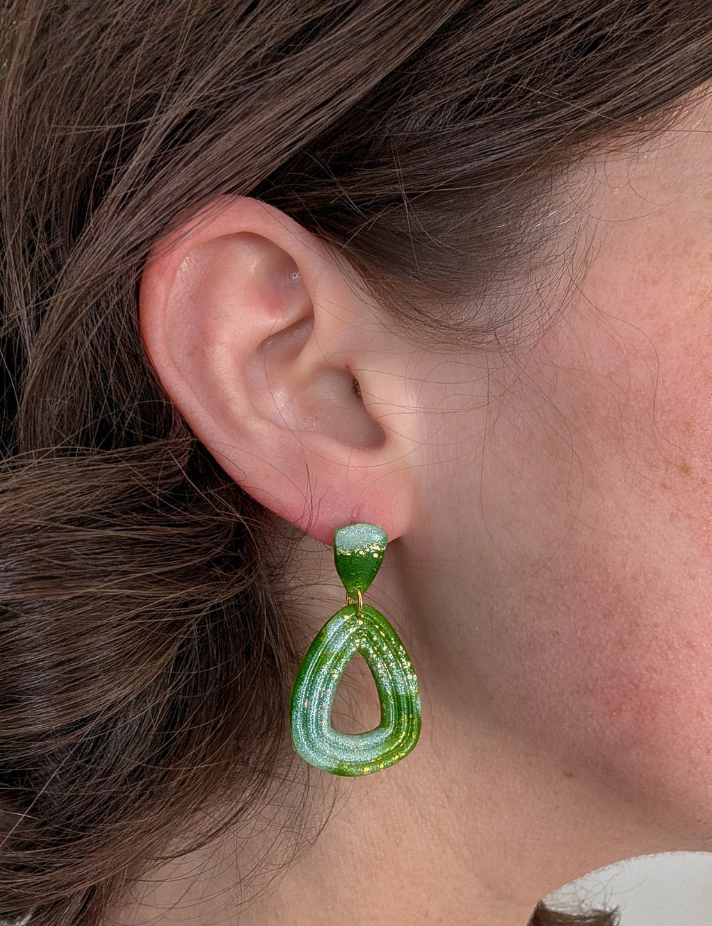 Lightweight Green Polymer Clay Earrings with Gold Foil, Modern Earthy Statement Drops