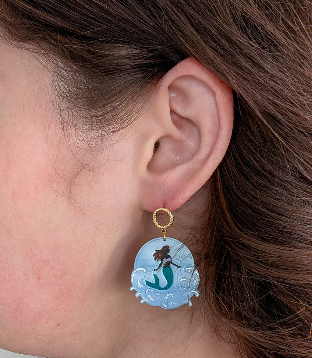 Hand Painted Polymer Clay Mermaid Earrings: Lightweight Ocean Wave Beach Jewelry