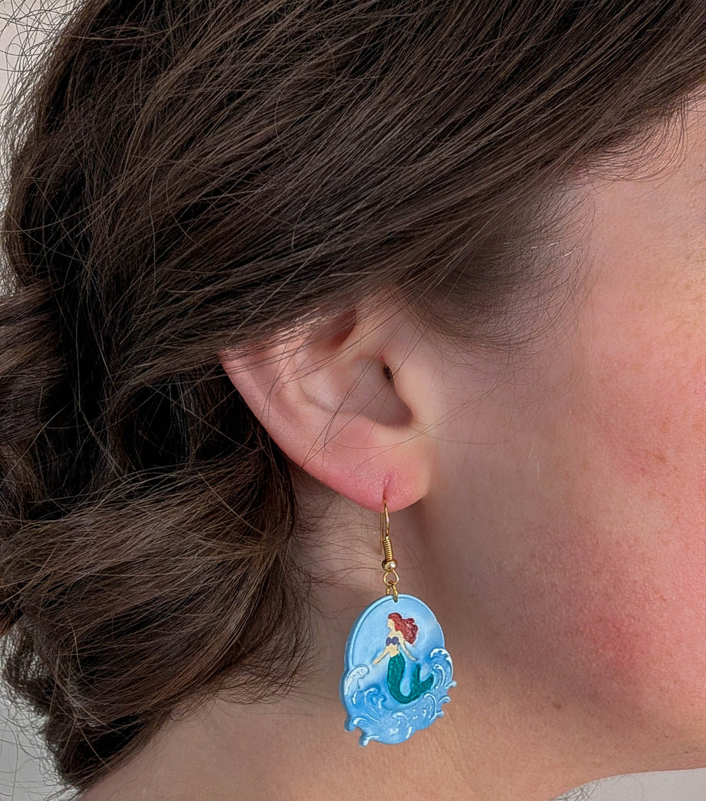 Hand Painted Polymer Clay Mermaid Earrings: Lightweight Ocean Wave Beach Jewelry