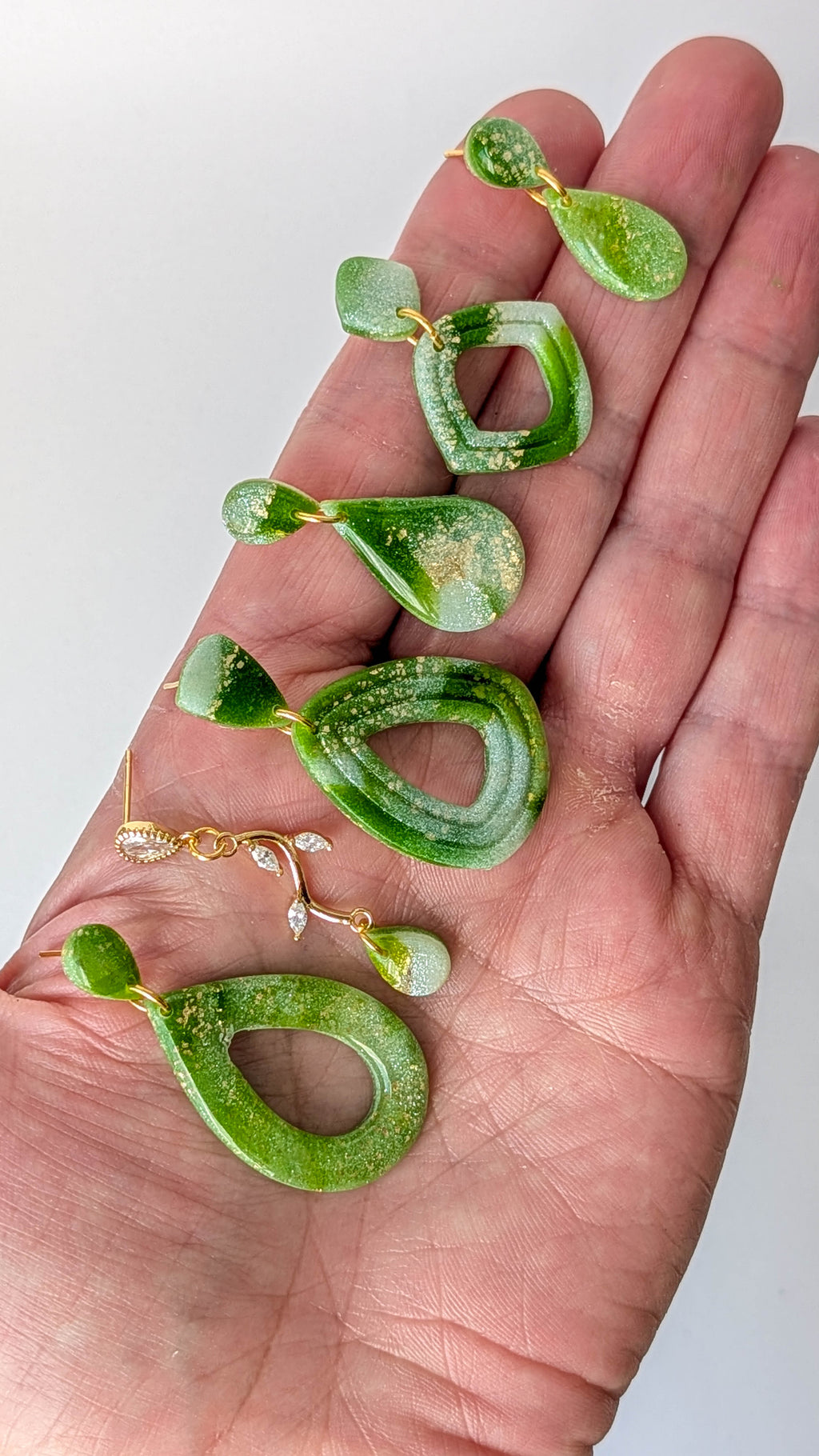 Lightweight Green Polymer Clay Earrings with Gold Foil, Modern Earthy Statement Drops