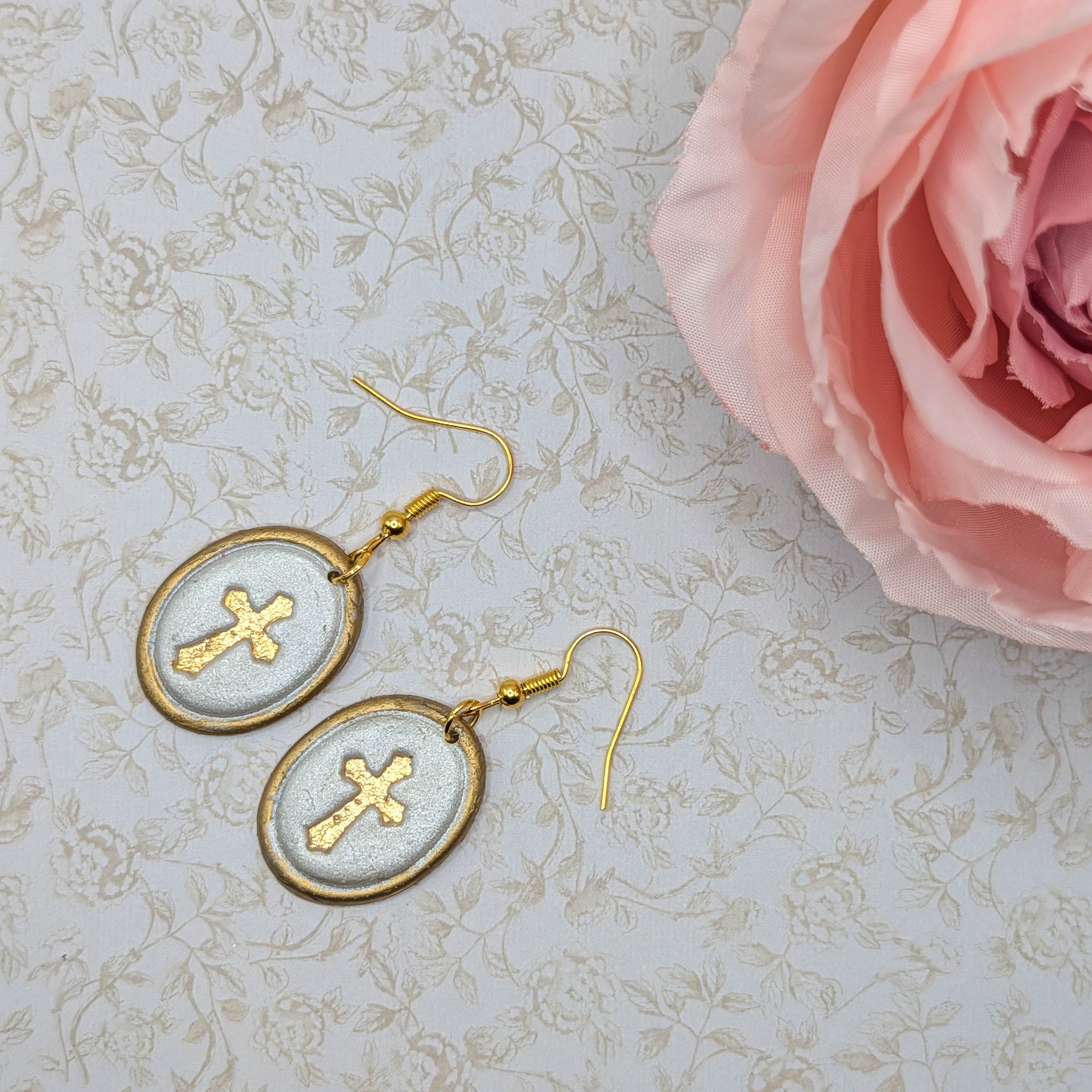 Vintage Frame Cross Earrings: Handmade Christian Gold or Silver Dangles