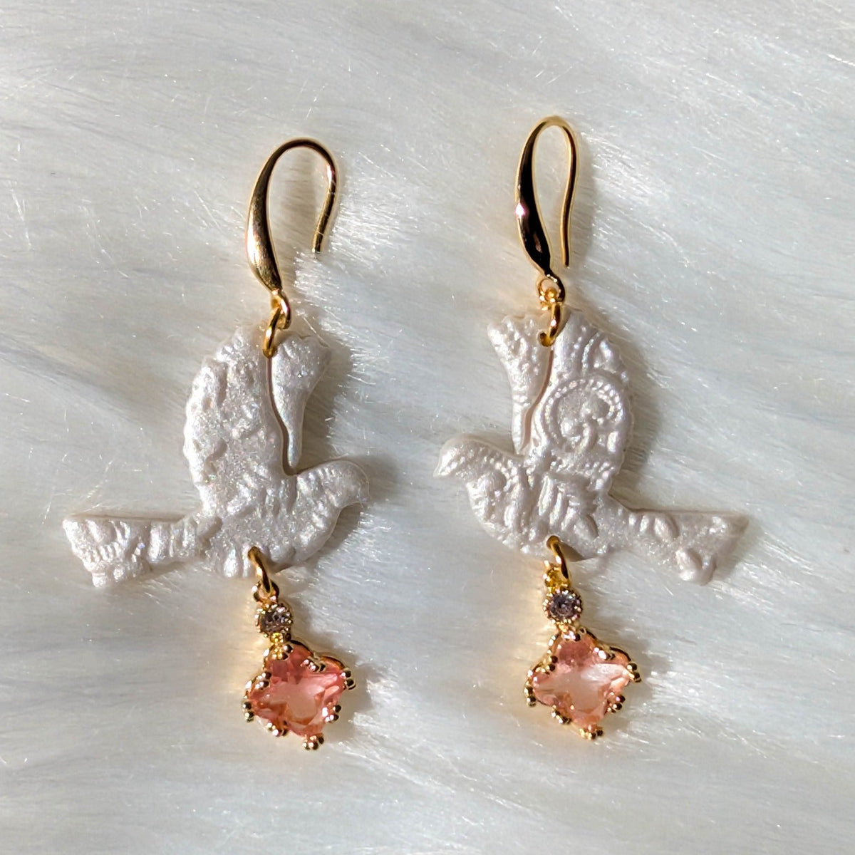 Pink lace turtle dove Christmas earrings with romantic crystal drop charms