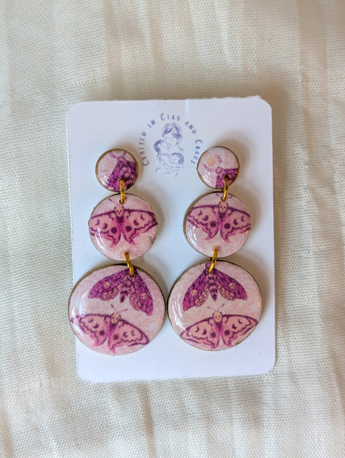 Pink moth triple circle polymer clay earrings with gold accents