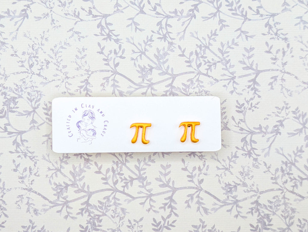 Gold Pi Symbol Stud Earrings: Minimalist Polymer Clay STEM Jewelry
