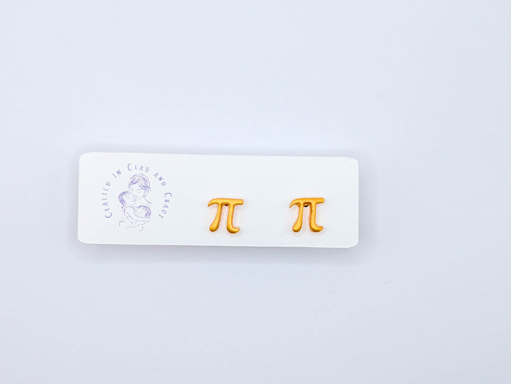 Gold Pi Symbol Stud Earrings: Minimalist Polymer Clay STEM Jewelry