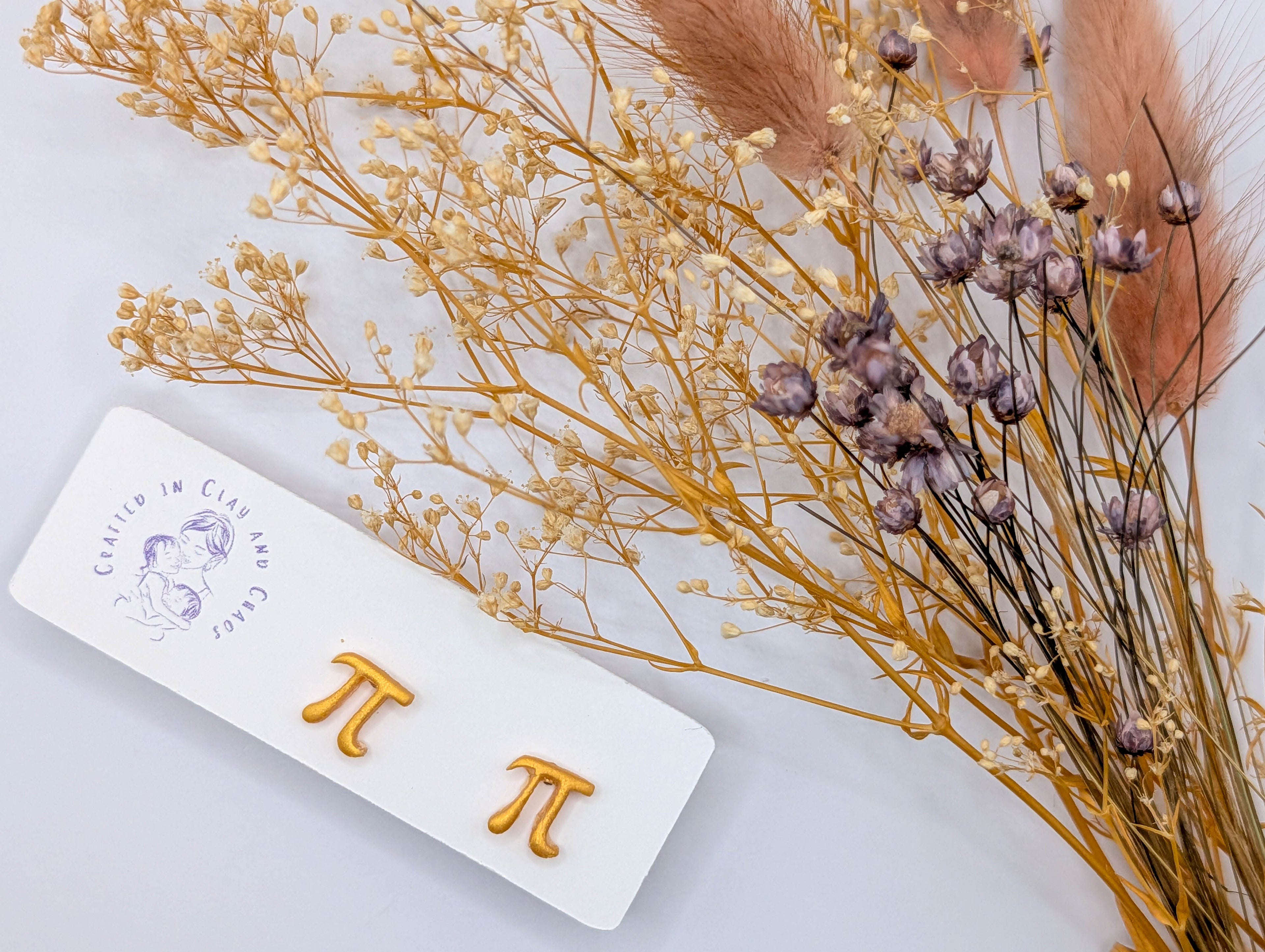 Gold Pi Symbol Stud Earrings: Minimalist Polymer Clay STEM Jewelry
