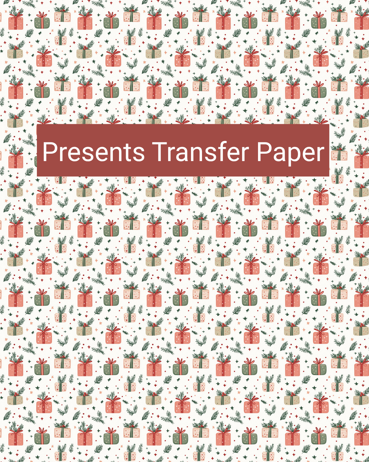 Presents polymer clay transfer paper with tiny wrapped presents, bows, and festive greenery in cream, red, green, blush, and soft blue