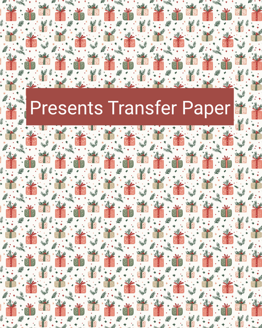 Presents polymer clay transfer paper with tiny wrapped presents, bows, and festive greenery in cream, red, green, blush, and soft blue