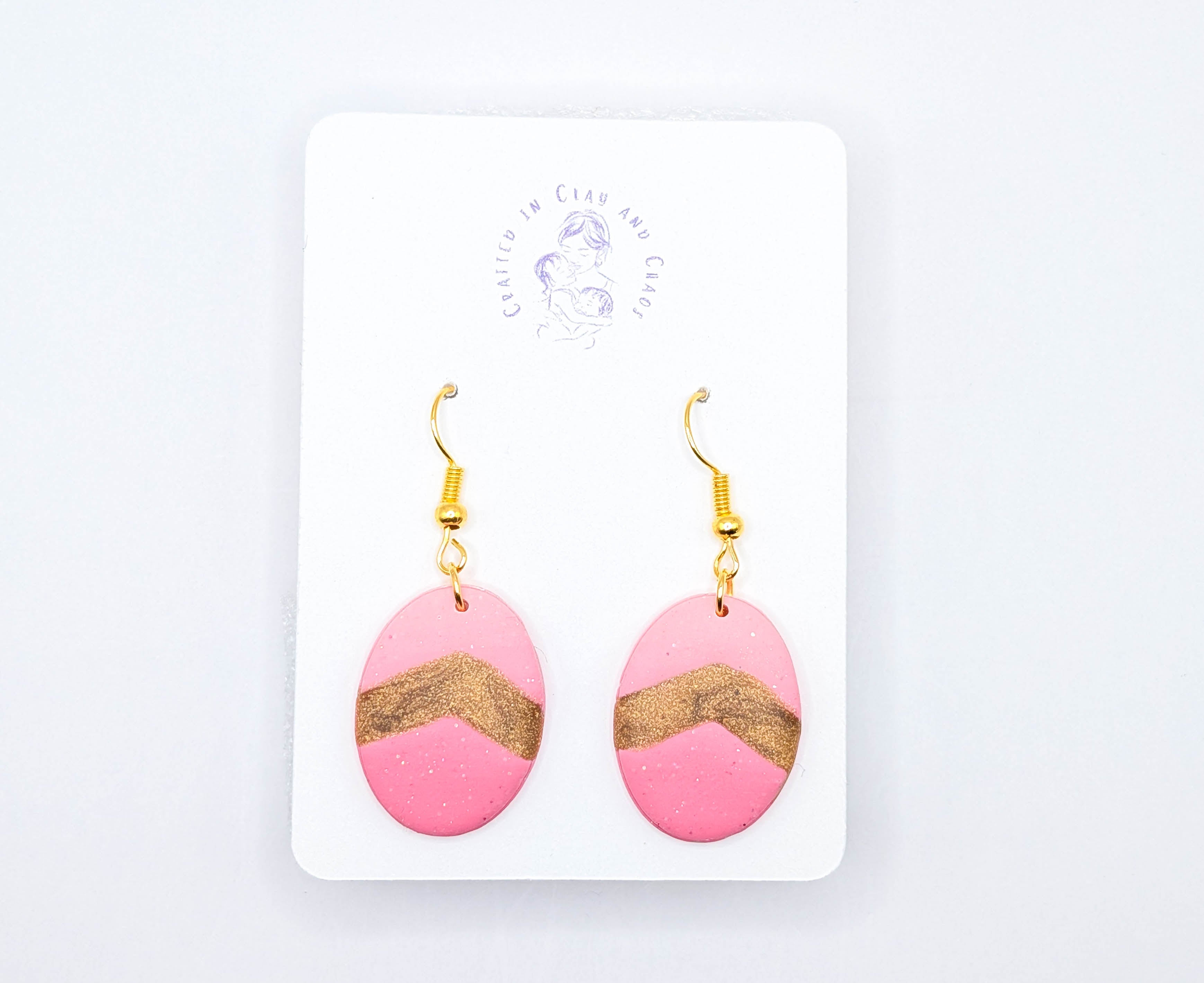 Easter Egg Pink Clay Earrings, Whimsical Oval Spring Earrings with Gold Hooks