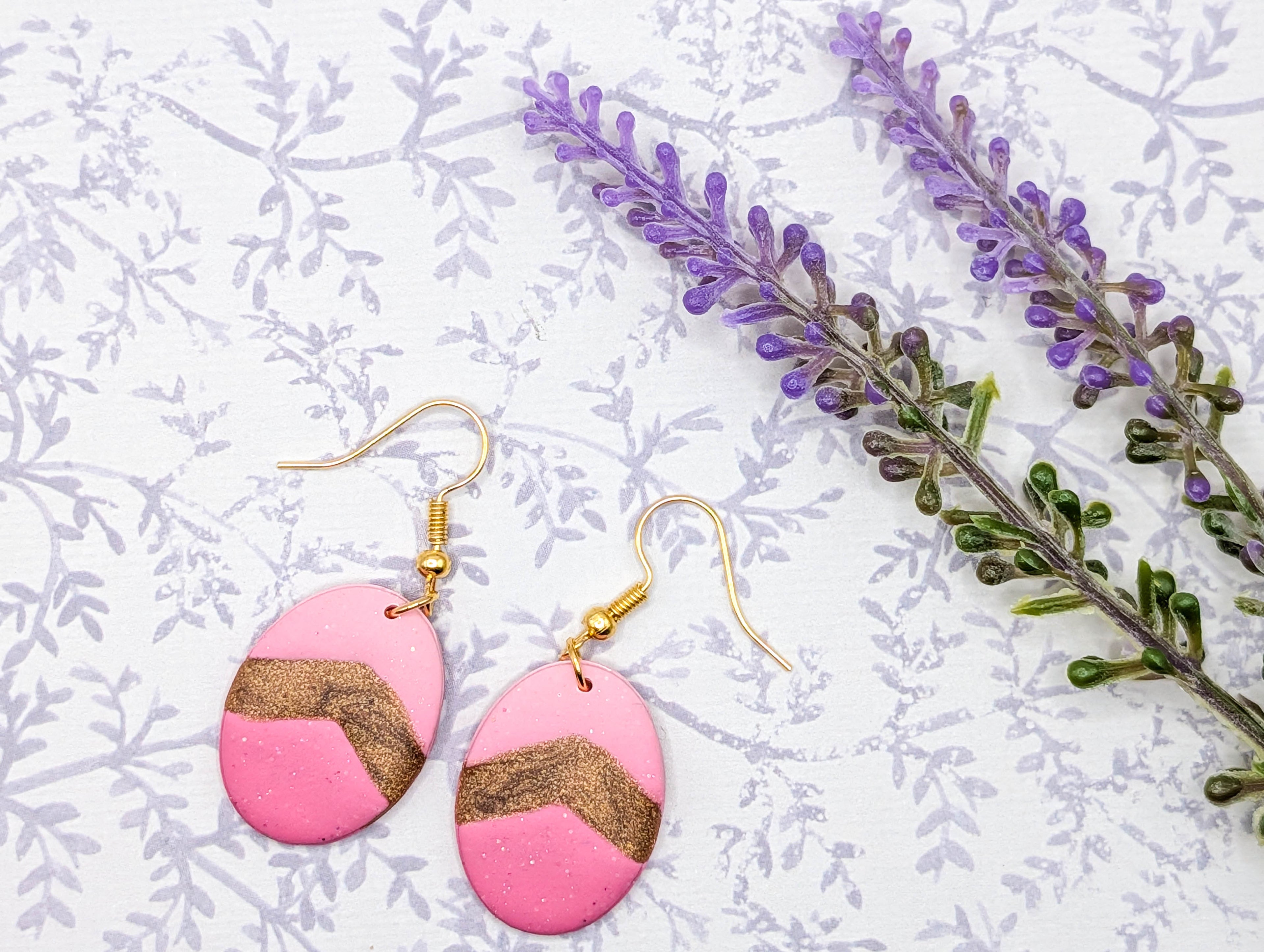 Easter Egg Pink Clay Earrings, Whimsical Oval Spring Earrings with Gold Hooks