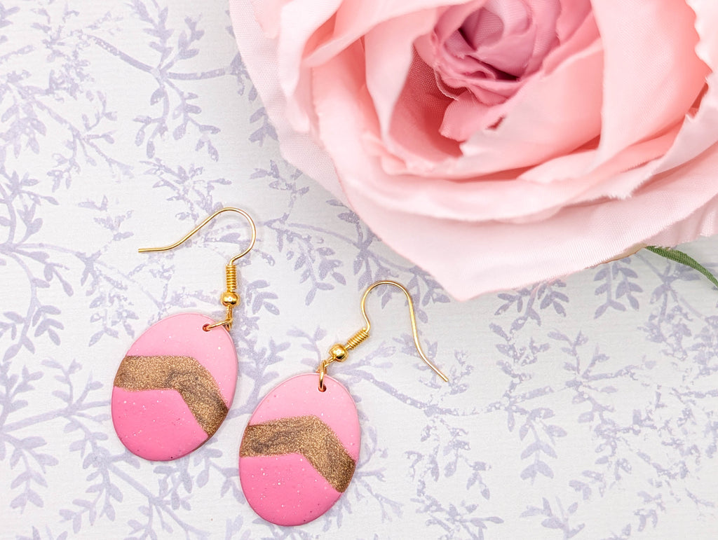 Easter Egg Pink Clay Earrings, Whimsical Oval Spring Earrings with Gold Hooks