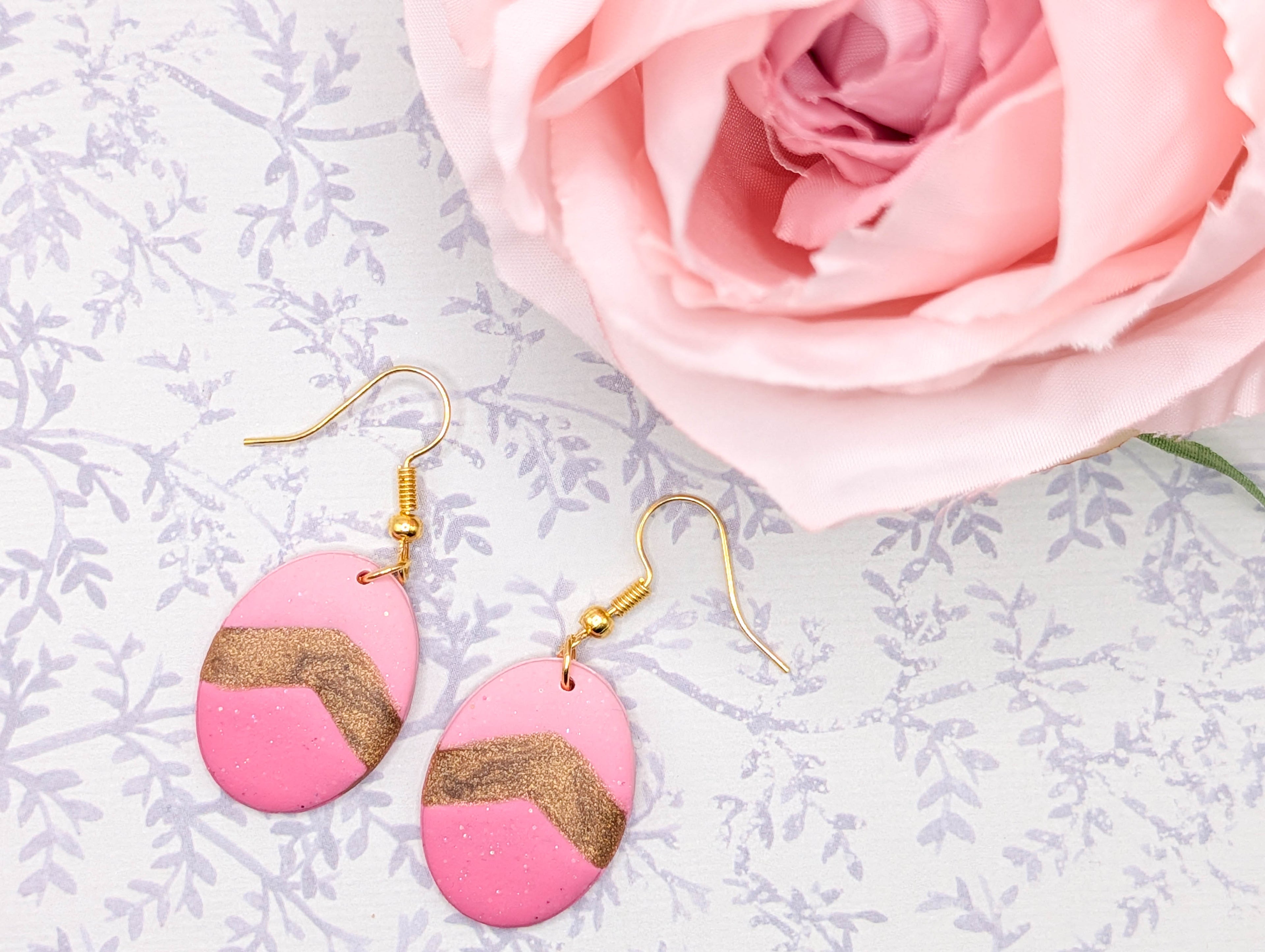 Easter Egg Pink Clay Earrings, Whimsical Oval Spring Earrings with Gold Hooks