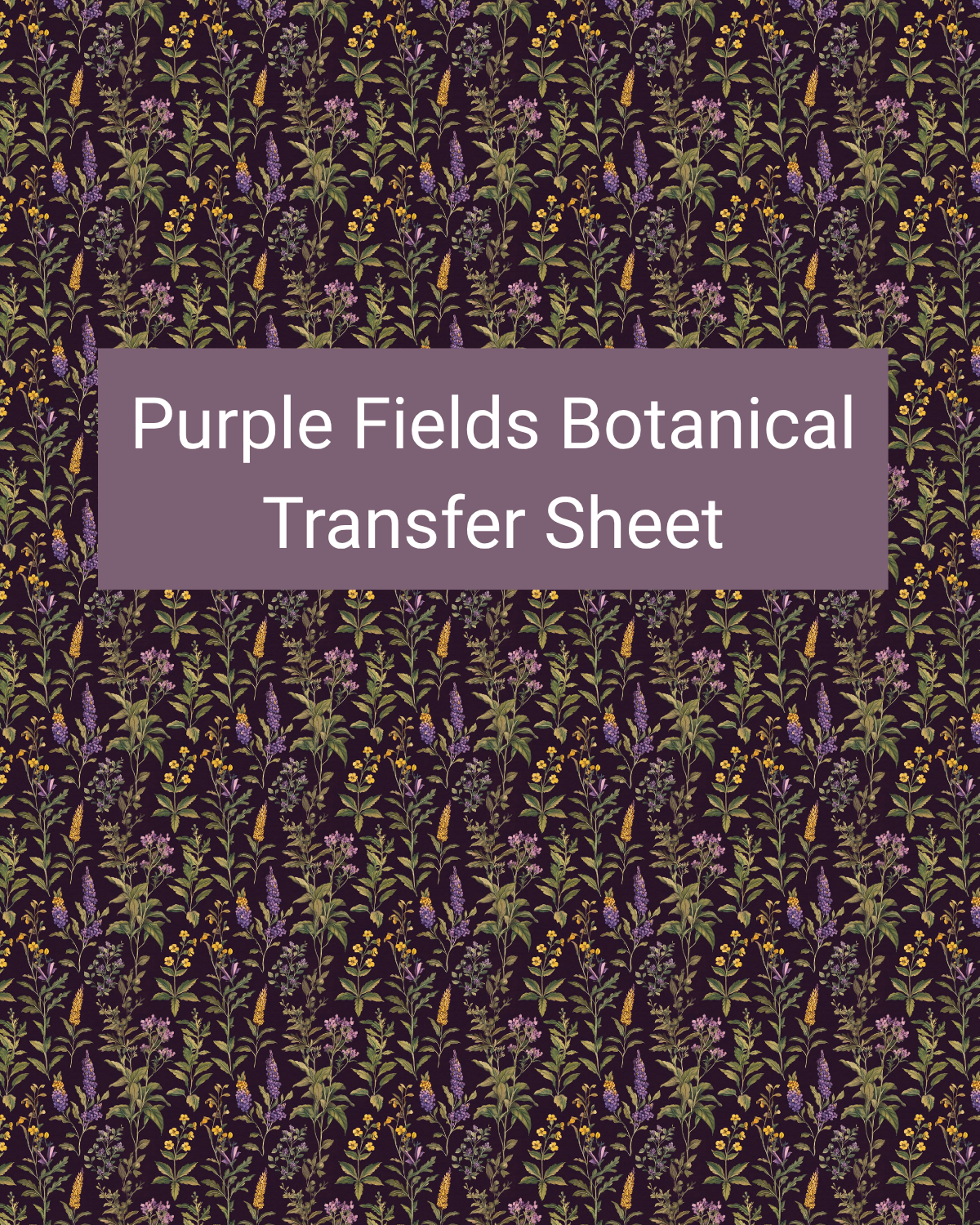 Purple Fields Botanical polymer clay transfer paper with deep plum, lavender, violet, and olive green and tall wildflower stems, slender leaves, and scattered field blooms