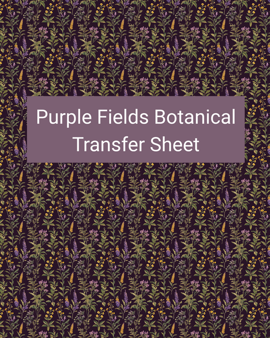 Purple Fields Botanical polymer clay transfer paper with deep plum, lavender, violet, and olive green and tall wildflower stems, slender leaves, and scattered field blooms