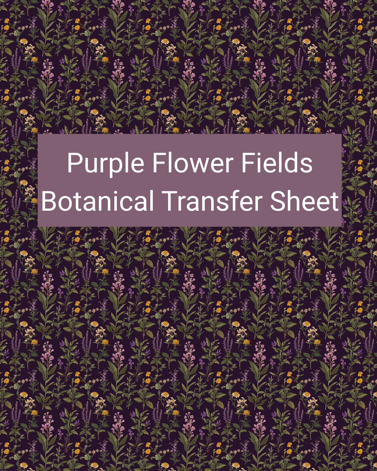 Purple Flower Fields Botanical polymer clay transfer paper with deep purple, lavender, olive green, and golden yellow and layered field flowers, leafy stems, and scattered golden blooms