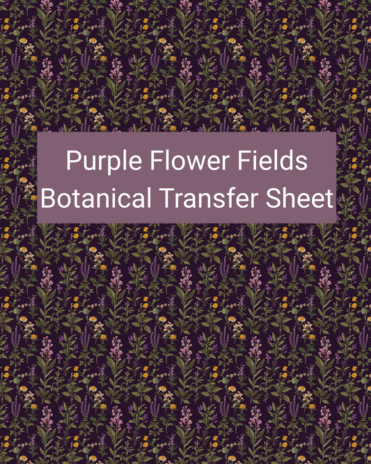 Purple Flower Fields Botanical polymer clay transfer paper with deep purple, lavender, olive green, and golden yellow and layered field flowers, leafy stems, and scattered golden blooms