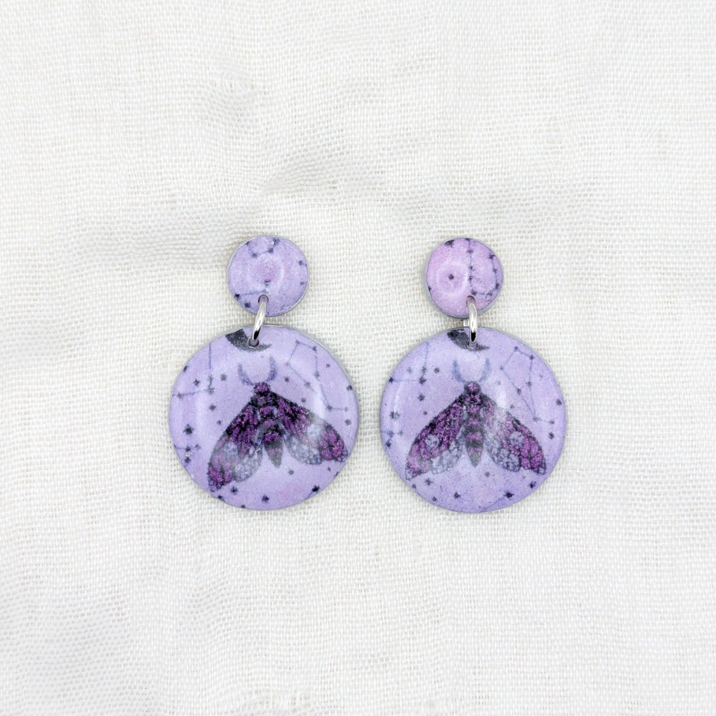 Purple celestial moth double circle earrings with surgical-grade stainless steel posts