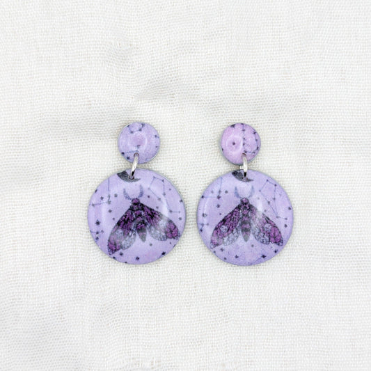 Purple celestial moth double circle earrings with surgical-grade stainless steel posts