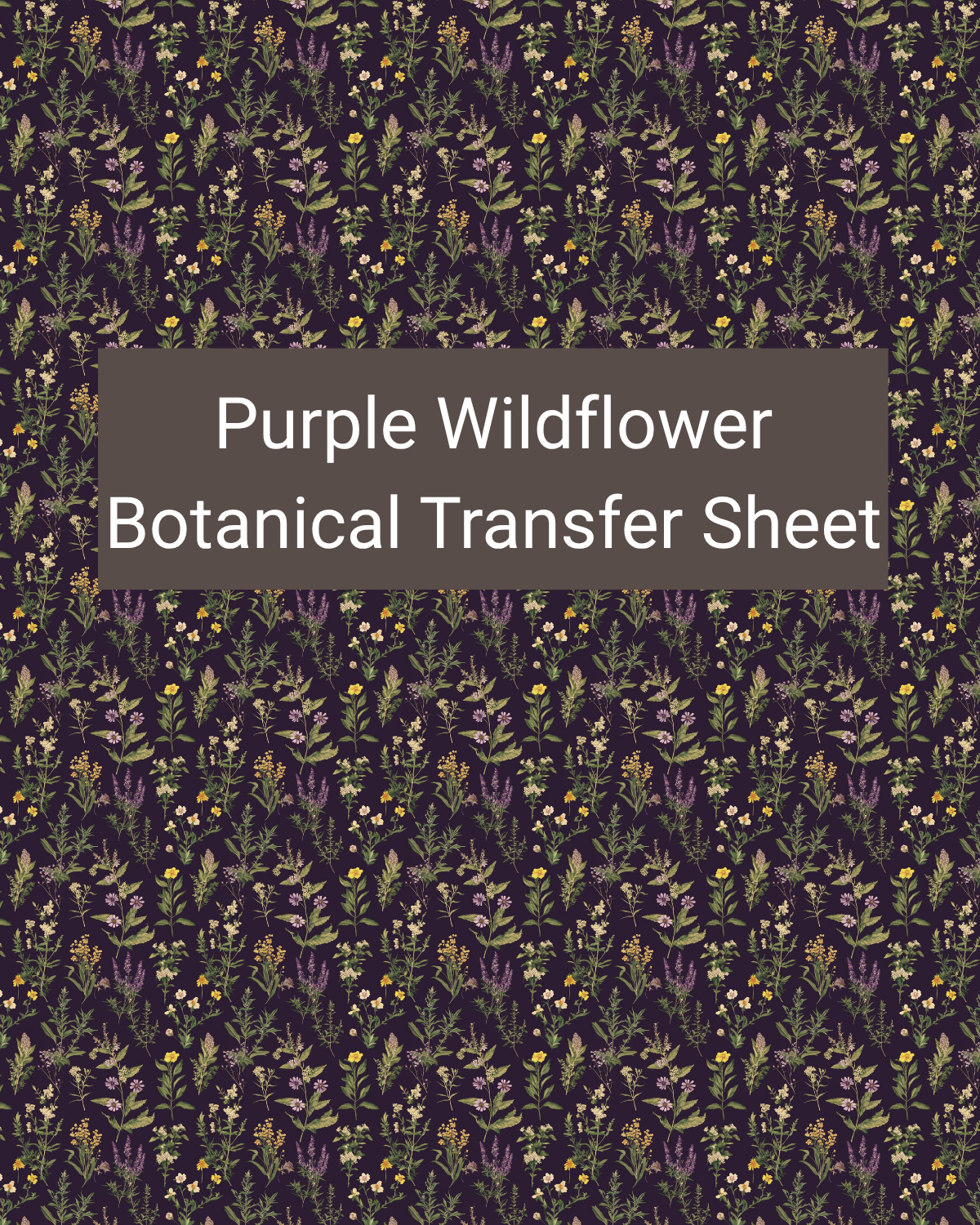 Purple Wildflower Botanical polymer clay transfer paper with deep purple, lavender, olive green, and muted gold and flowing leafy stems, lavender wildflowers, and small golden blooms