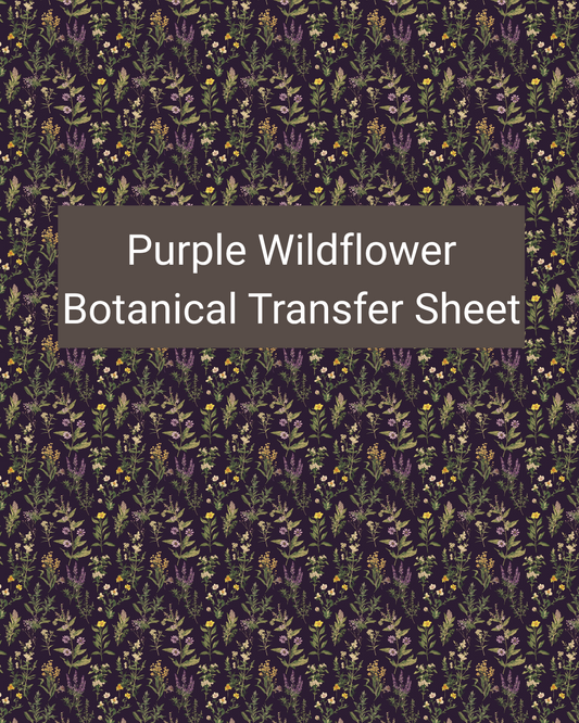 Purple Wildflower Botanical polymer clay transfer paper with deep purple, lavender, olive green, and muted gold and flowing leafy stems, lavender wildflowers, and small golden blooms