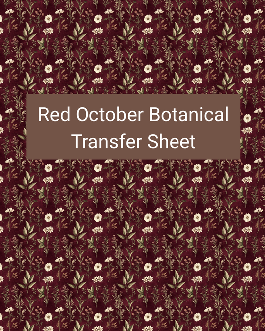 Red October Botanical polymer clay transfer paper with deep wine red, cream, muted yellow, and olive green and daisy-like flowers, leafy stems, and scattered seasonal botanicals