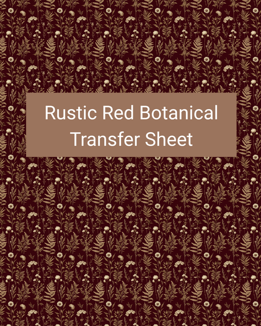 Rustic Red Botanical polymer clay transfer paper with rustic wine red, tan, and muted gold and dense leafy sprigs, tiny flowers, and seed-like botanical details