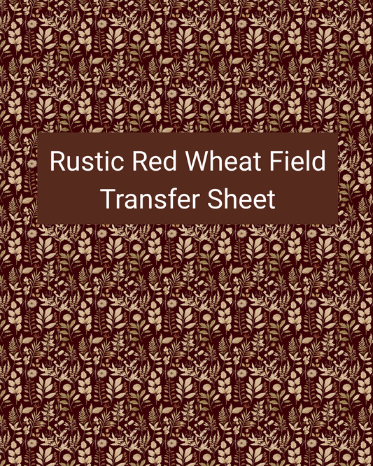 Rustic Red Wheat Field polymer clay transfer paper with rustic red, warm tan, and muted cream and repeating wheat stalks, leaves, and delicate field botanicals