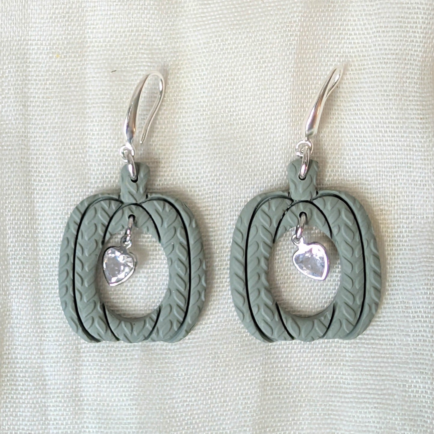 Sage Green knitted pumpkin earrings with clear heart charms and 925 sterling silver-plated stainless steel hooks