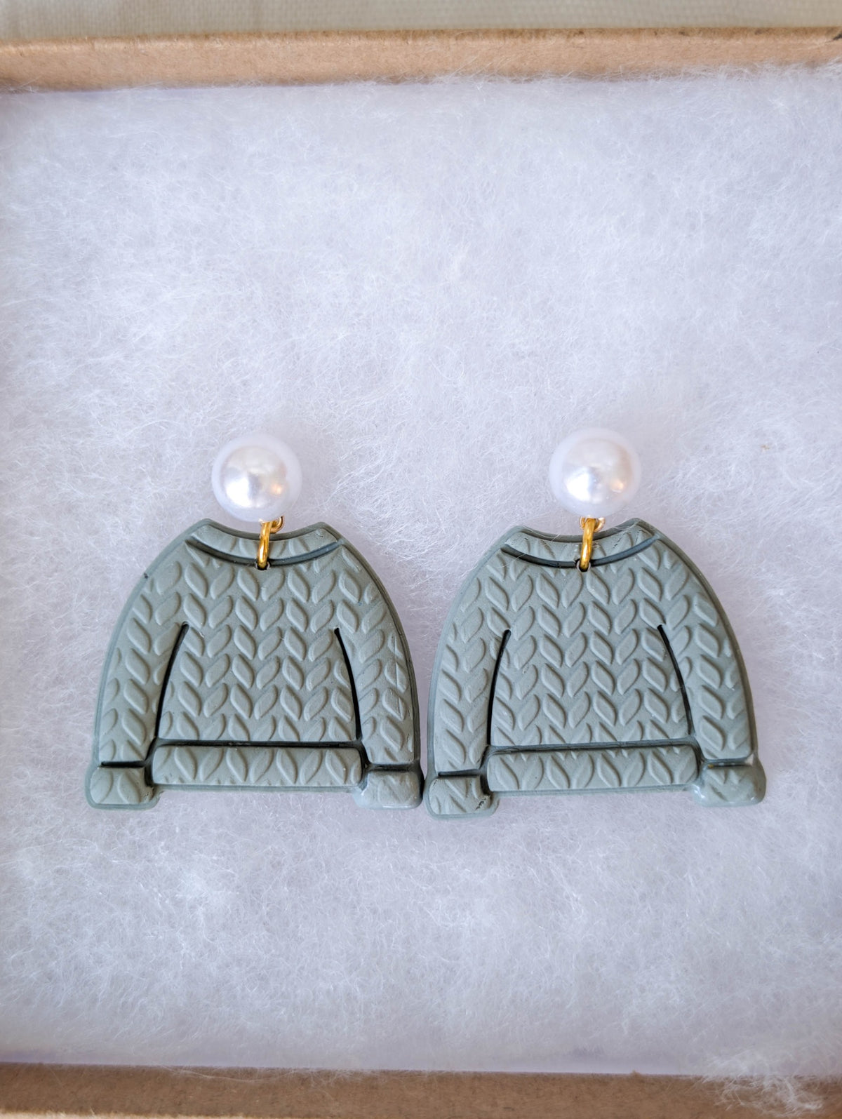 Sage Green handmade cable-knit sweater earrings with faux pearl posts