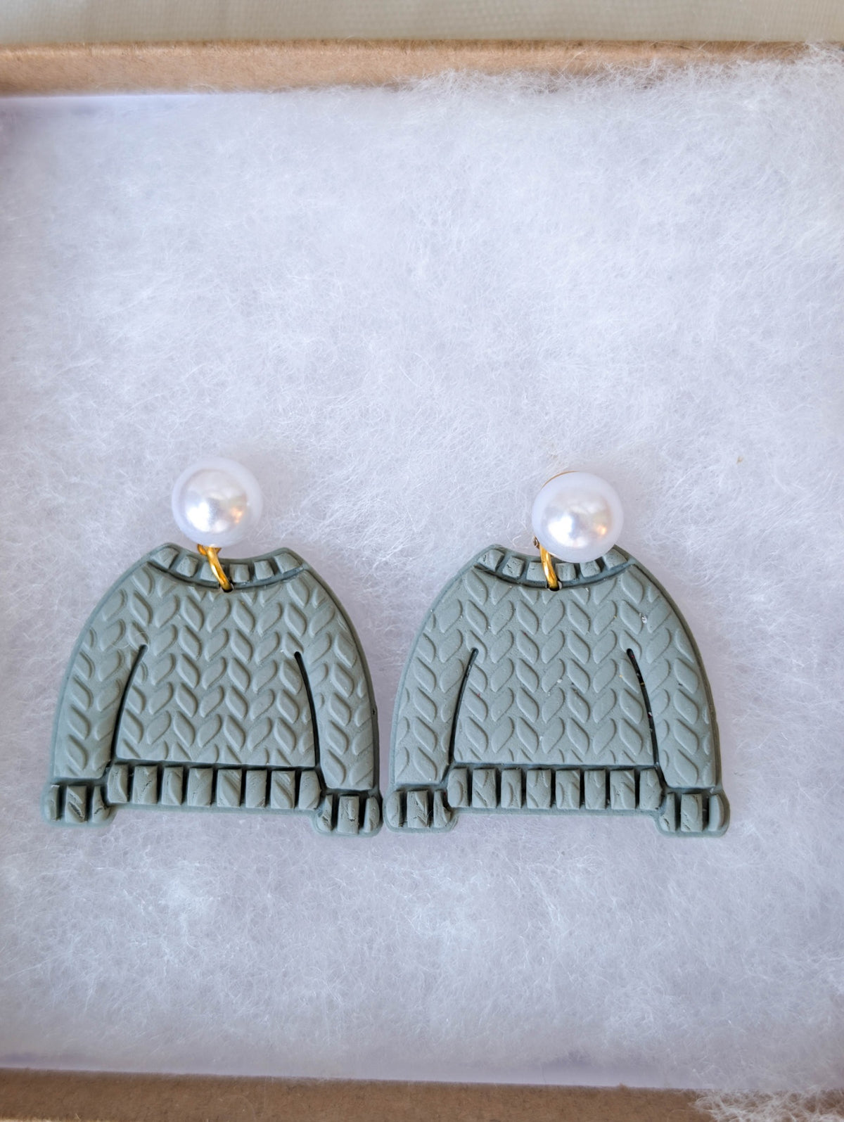 Sage Green polymer clay sweater earrings with ribbed trim and faux pearl posts