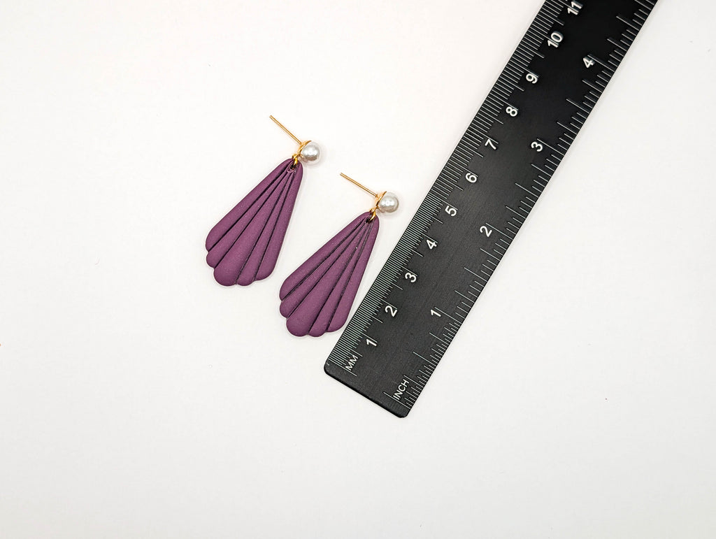 Plum Scalloped Fan Earrings with Pearl Studs
