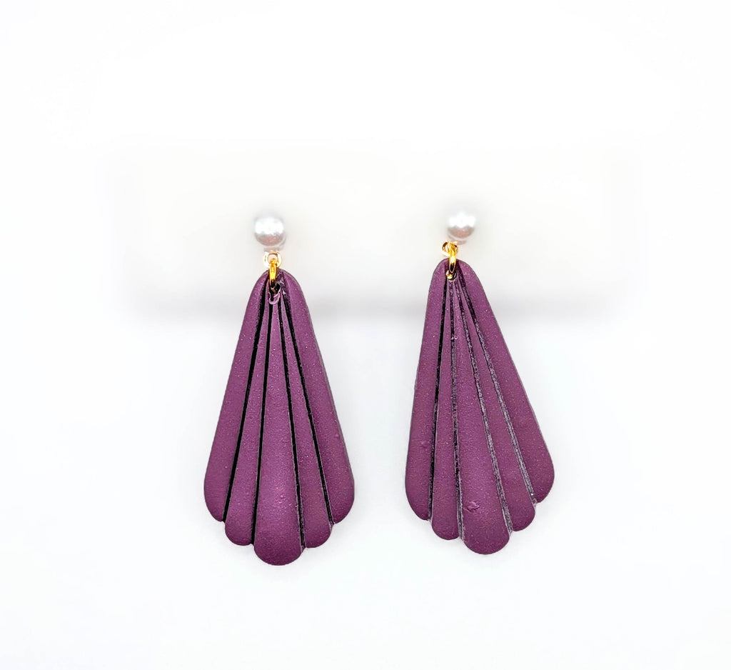 Plum Scalloped Fan Earrings with Pearl Studs