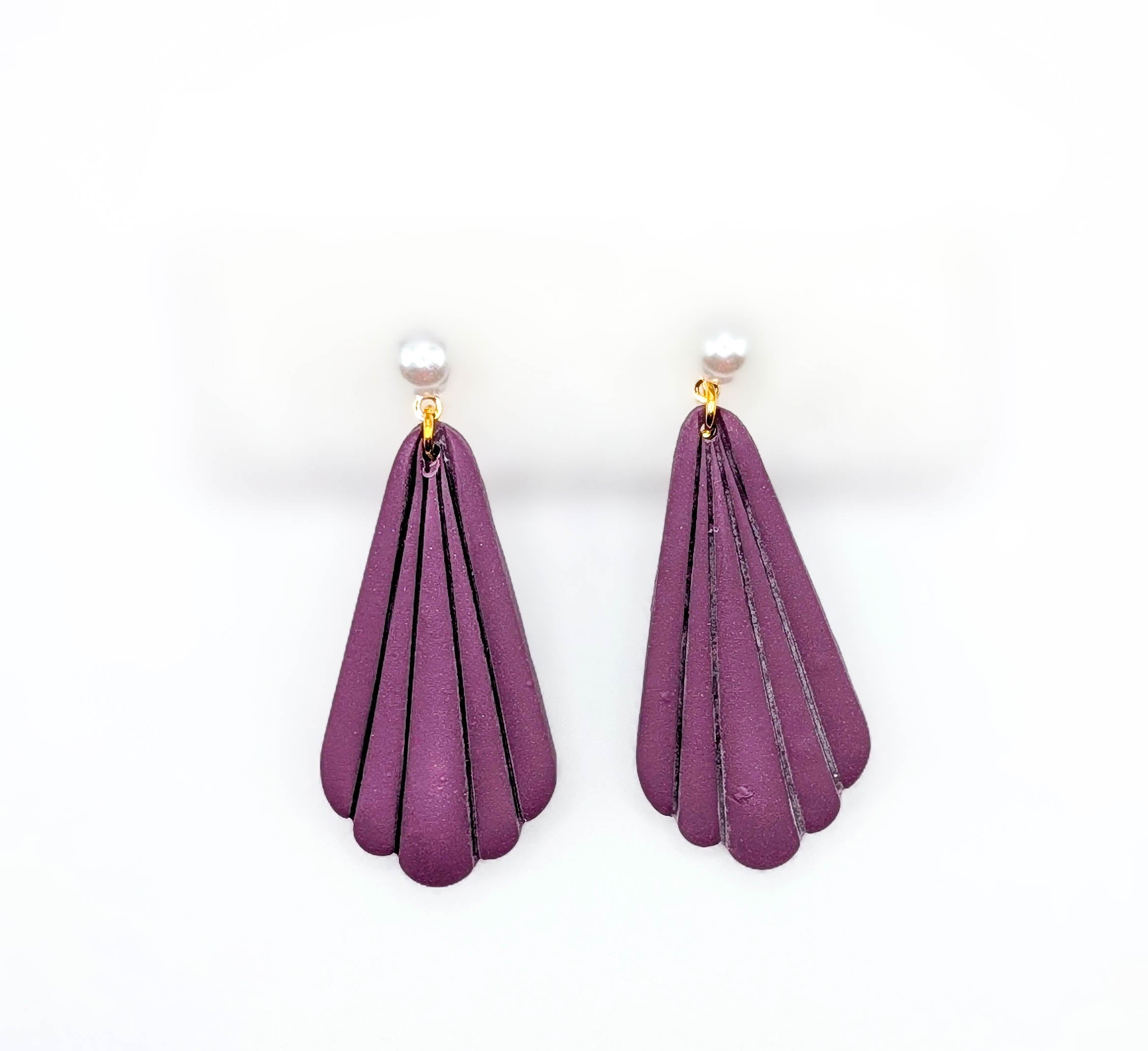 Plum Scalloped Fan Earrings with Pearl Studs