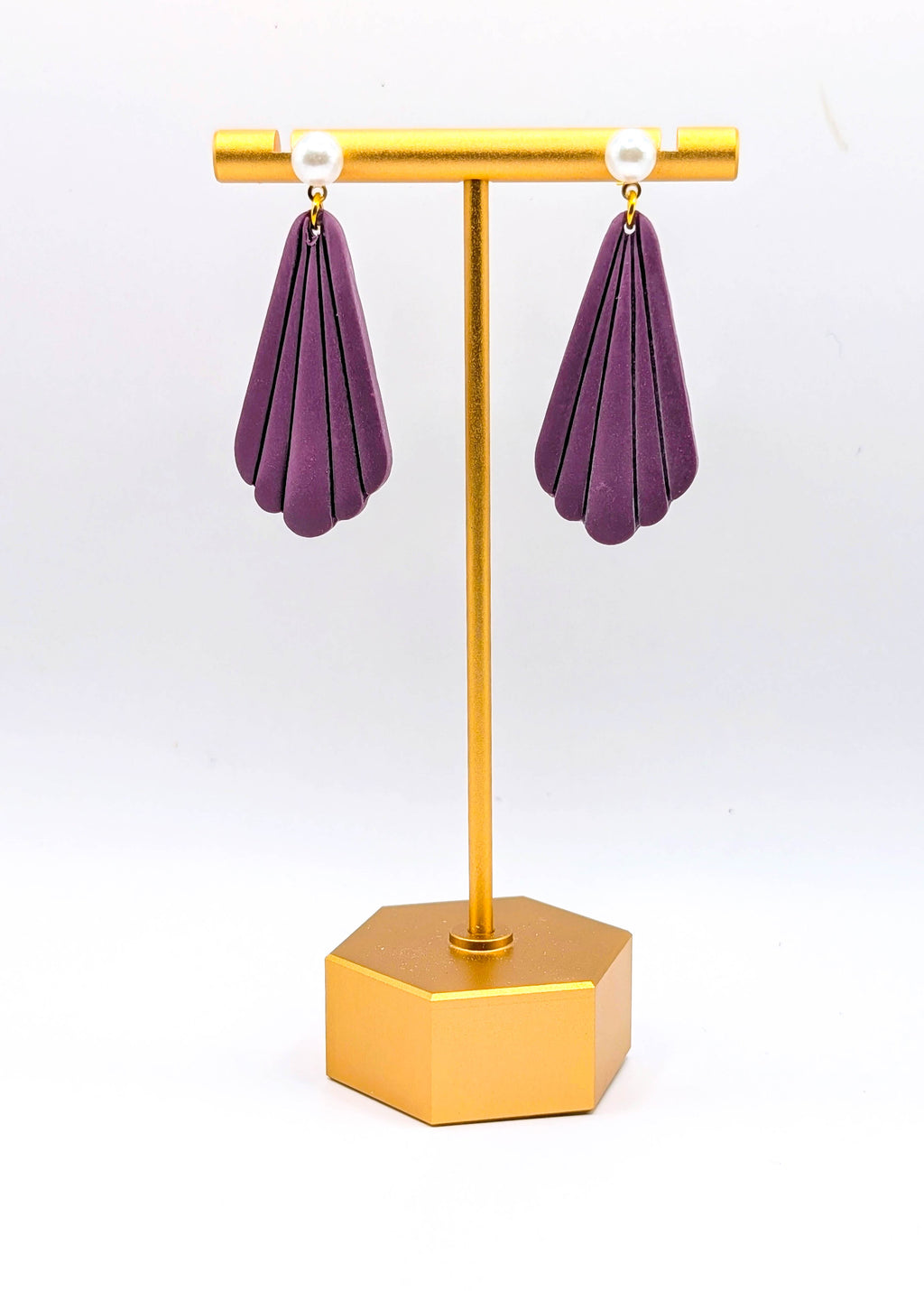 Plum Scalloped Fan Earrings with Pearl Studs