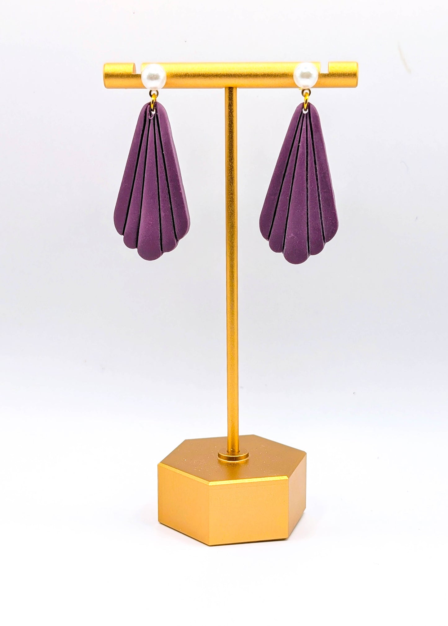 Plum Scalloped Fan Earrings with Pearl Studs